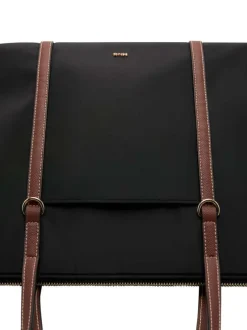 Sac shopping noir uni pourvu d'une fermeture zippée et de deux anses marrons