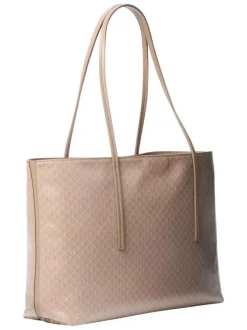 Sac shopping taupe avec des motifs monogrammes et muni de deux anses