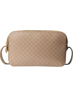 Sac taupe avec des motifs monogrammes et muni d'une bandoulière