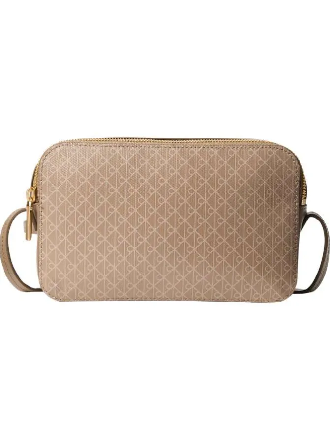 Sac taupe avec des motifs monogrammes et muni d'une bandoulière