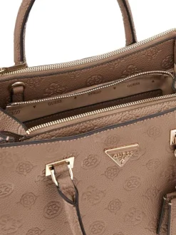 Sac taupe porte-mains avec une bandoulière et monogrammes embossés