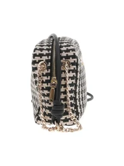 Sac tressé beige et noir à porté épaule avec détails dorés et bandoulière