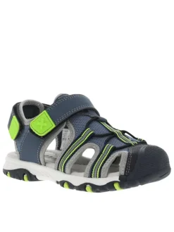 Sandales bleu jean et vert fluo avec 2 bandes auto-agrippantes