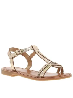 Sandales fille en cuir or à semelle plate et à fermeture avec une boucle