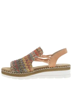 Sandales abricot avec une tige en tressage multicolore et à talon compensé
