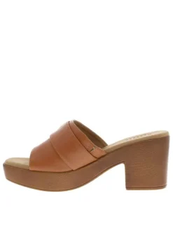 Sandales aspect cuir cognac à boucle décorative et talon bloc décroché haut