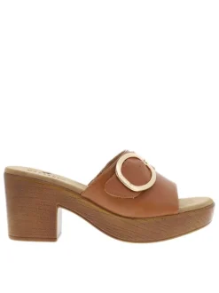 Sandales aspect cuir cognac à boucle décorative et talon bloc décroché haut