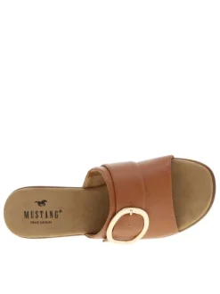 Sandales aspect cuir cognac à boucle décorative et talon bloc décroché haut