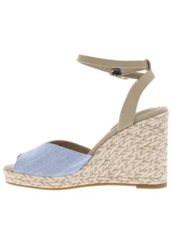 Sandales beiges et bleues ciel à talon compensé très haut et à boucle à ardillon