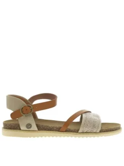 Sandales beiges et camel avec une sangle en raphia tressée et une semelle plate