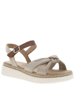Sandales beiges et marrons avec une sangle nouée et à talon compensé bas