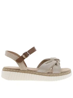 Sandales beiges et marrons avec une sangle nouée et à talon compensé bas