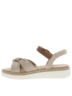 Sandales beiges et marrons avec une sangle nouée et à talon compensé bas