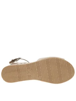 Sandales beiges à talon compensé bas en corde tressée et à boucle à ardillon