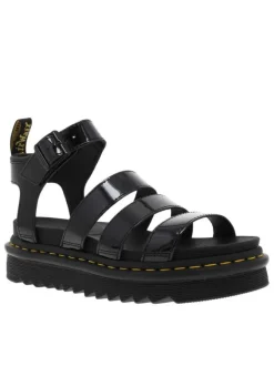 Sandales Blaire en cuir noir verni à semelle compensée fermée par boucle à ardillon