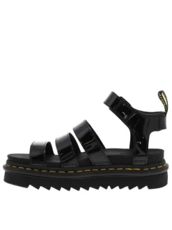 Sandales Blaire en cuir noir verni à semelle compensée fermée par boucle à ardillon