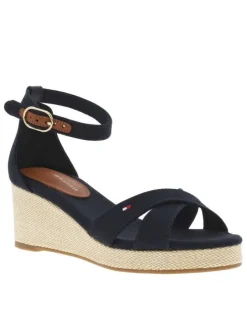 Sandales bleues marine à talon compensé et à boucle à ardillon à la cheville