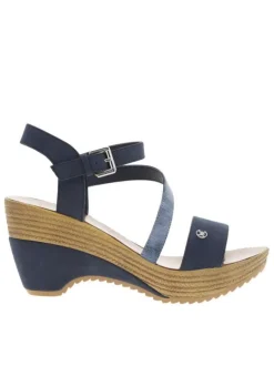 Sandales bleues marine à talon compensé haut et à boucle à ardillon