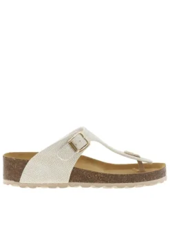 Sandales effet métallisé beige à talon compensé avec boucle à ardillon et entre-doigts