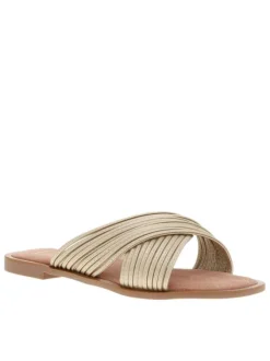Sandales en assemblage de fines brides dorées croisées et talon décroché bas