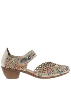 Sandales en cuir beiges à imprimé multicolore et à talon décroché moyen