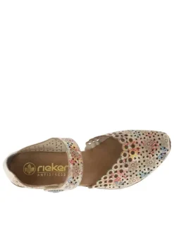 Sandales en cuir beiges à imprimé multicolore et à talon décroché moyen