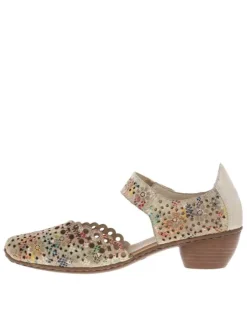 Sandales en cuir beiges à imprimé multicolore et à talon décroché moyen