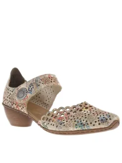 Sandales en cuir beiges à imprimé multicolore et à talon décroché moyen