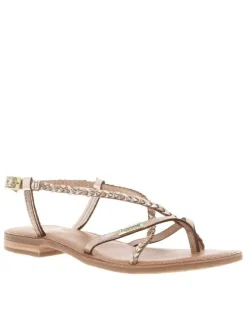 Sandales en cuir beiges satinées à sangles tressées et à talon décroché bas