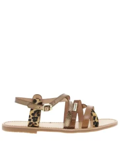 Sandales en cuir marrons satinées à détails léopards et à talon décroché bas