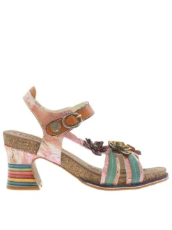 Sandales en cuir multicolores avec des fleurs et à talon décroché moyen