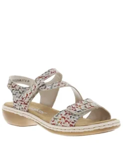 Sandales en cuir multicolores à talon compensé bas et à bandes auto-agrippantes