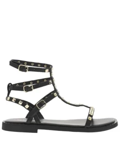 Sandales en cuir noires avec des clous dorés et à talon décroché bas