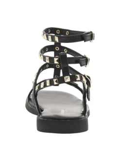 Sandales en cuir noires avec des clous dorés et à talon décroché bas