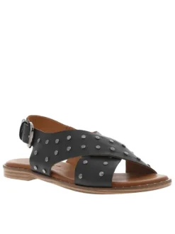 Sandales en cuir noires à clous à talon décroché bas et à boucle à ardillon