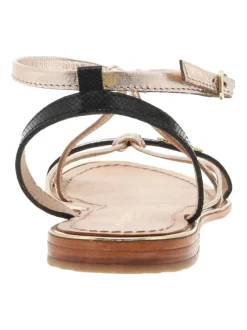 Sandales en cuir noires et or roses avec des sangles et à talon décroché bas