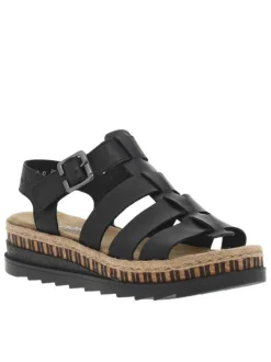 Sandales en cuir noires à talon compensé bas avec une boucle décorative