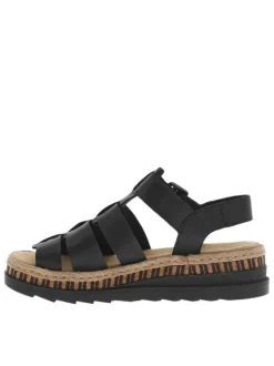 Sandales en cuir noires à talon compensé bas avec une boucle décorative