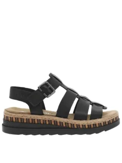 Sandales en cuir noires à talon compensé bas avec une boucle décorative