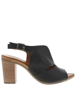 Sandales en cuir noires à talon décroché haut aspect bois et à boucle à ardillon
