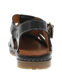 Sandales en cuir noires vernies avec des surpiqûres beiges et talon décroché bas