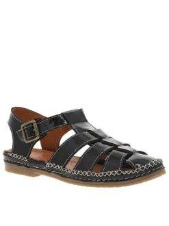 Sandales en cuir noires vernies avec des surpiqûres beiges et talon décroché bas
