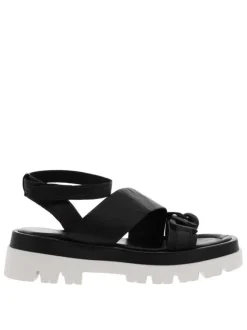 Sandales en cuir noir à semelle chunky contrastée et bande auto-agrippante
