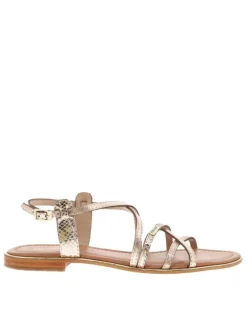 Sandales en cuir or roses avec des sangles croisées et à talon décroché bas
