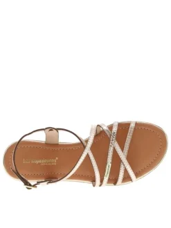 Sandales en cuir or roses avec des sangles croisées et à talon décroché bas
