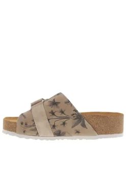 Sandales en cuir suède beige, semelle en liège compensé et bande auto-agrippante