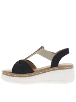 Sandales en tissu bleues marine et camel à talon compensé bas en gomme écrue
