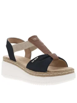 Sandales en tissu bleues marine et camel à talon compensé bas en gomme écrue