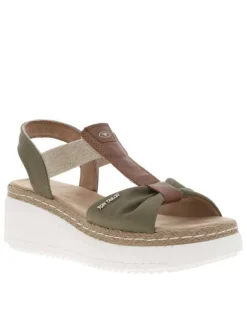 Sandales en tissu kakis et camel à talon compensé bas en gomme écrue