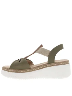 Sandales en tissu kakis et camel à talon compensé bas en gomme écrue